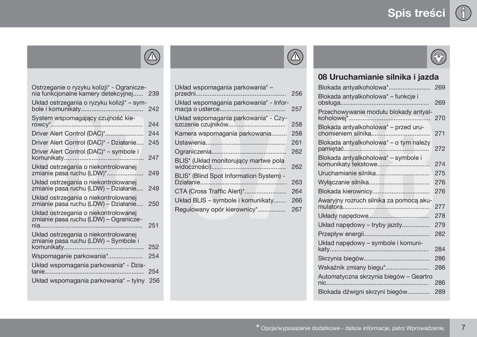 .. 247 Układ ostrzegania o niekontrolowanej zmianie pasa ruchu (LDW)*... 249 Układ ostrzegania o niekontrolowanej zmianie pasa ruchu (LDW) Działanie.