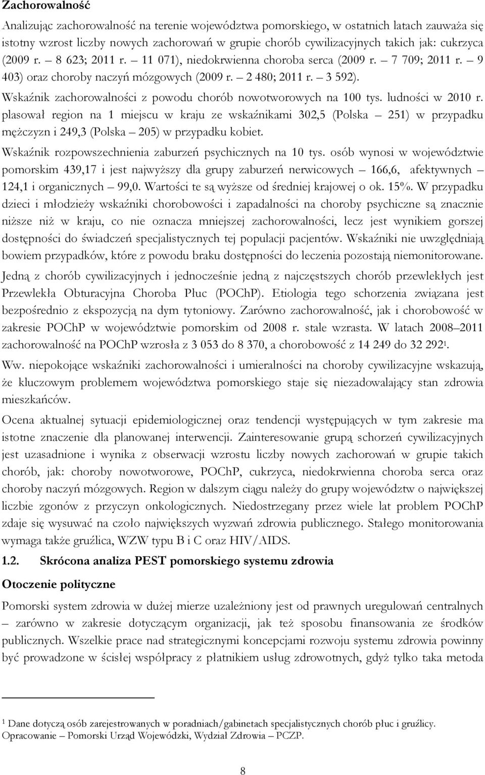 Wskaźnik zachorowalności z powodu chorób nowotworowych na 100 tys. ludności w 2010 r.