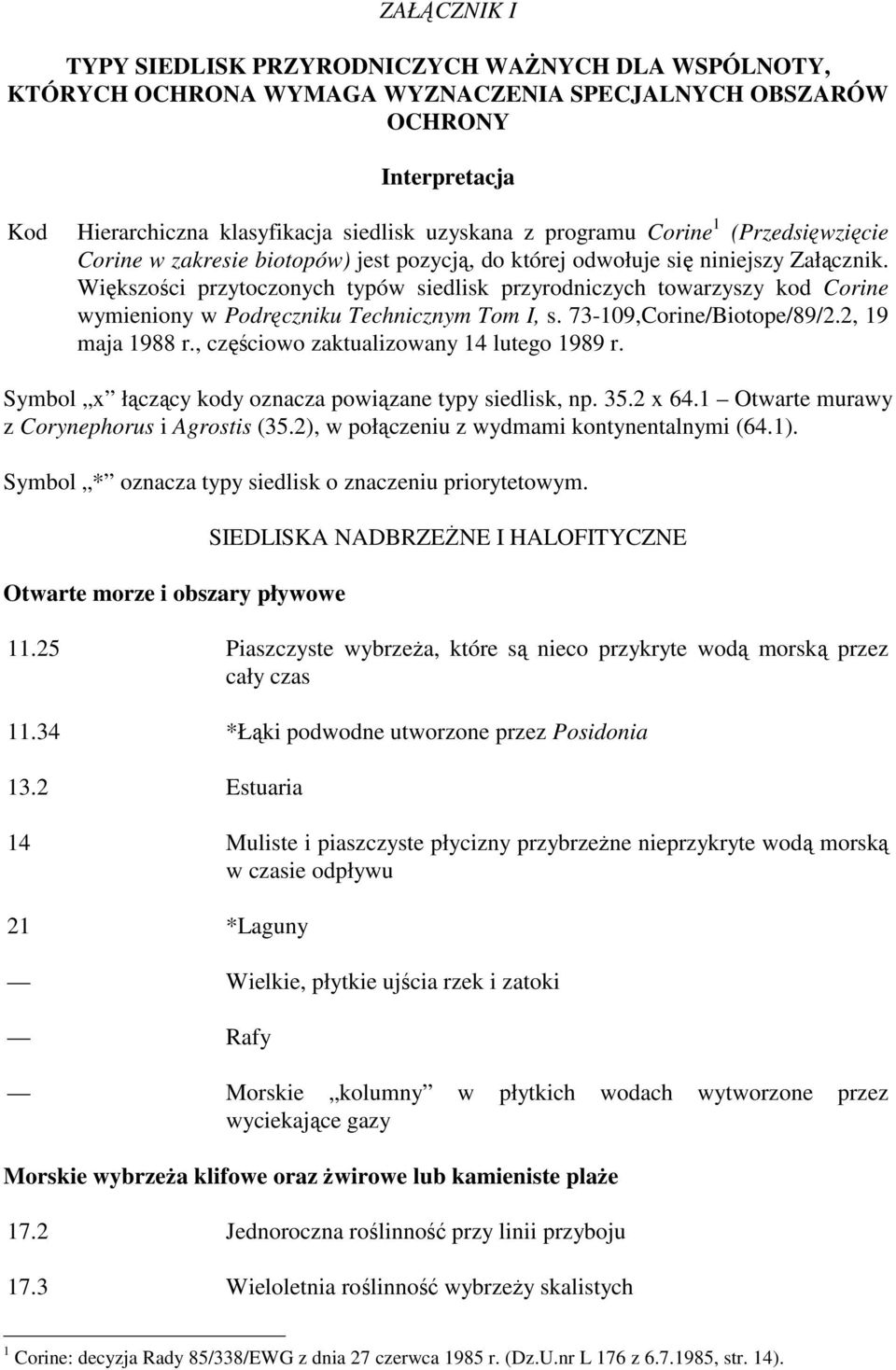 Większości przytoczonych typów siedlisk przyrodniczych towarzyszy kod Corine wymieniony w Podręczniku Technicznym Tom I, s. 73-109,Corine/Biotope/89/2.2, 19 maja 1988 r.