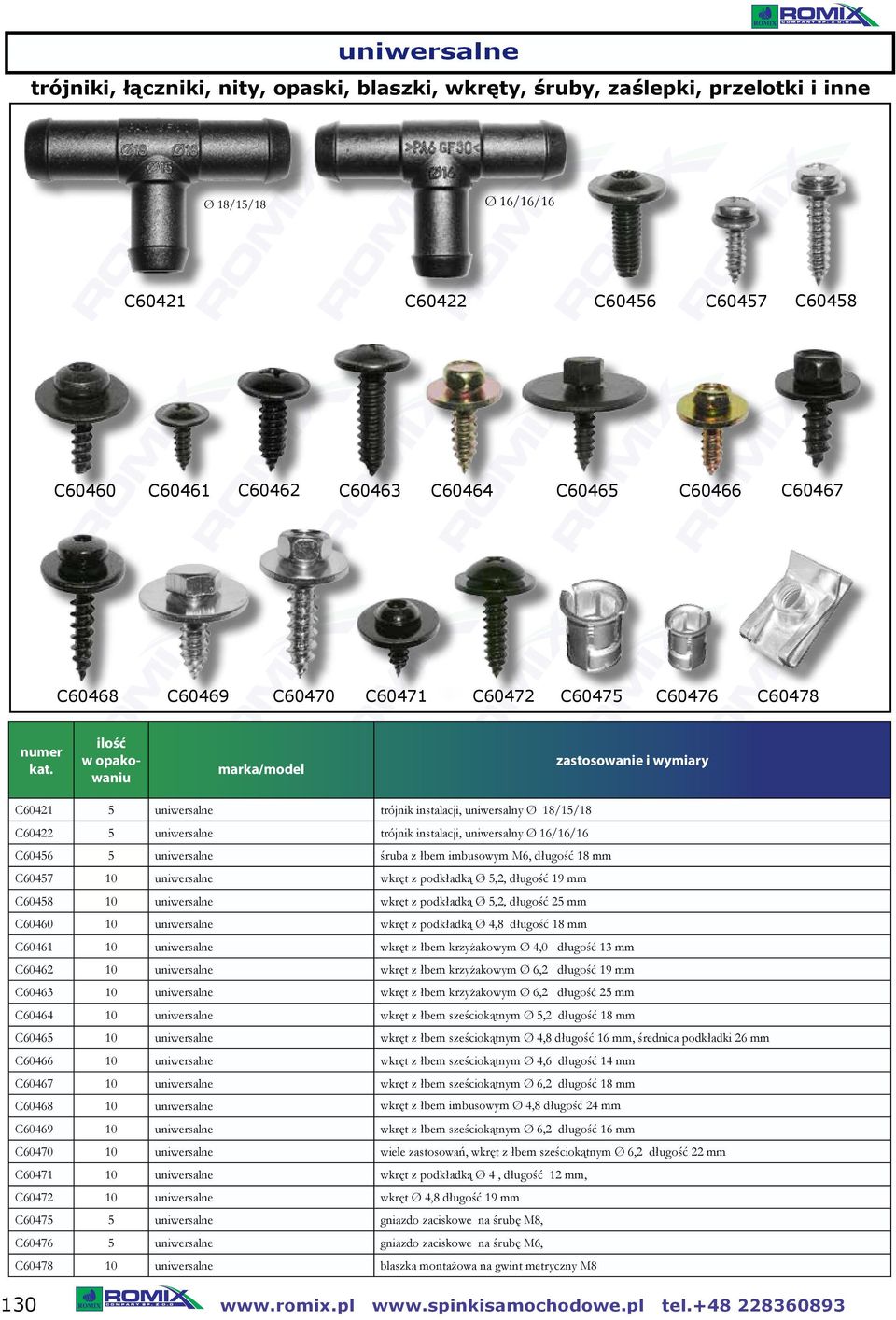 C60457 10 uniwersalne wkręt z podkładką Ø 5,2, długość 19 mm C60458 10 uniwersalne wkręt z podkładką Ø 5,2, długość 25 mm C60460 10 uniwersalne wkręt z podkładką Ø 4,8 długość 18 mm C60461 10