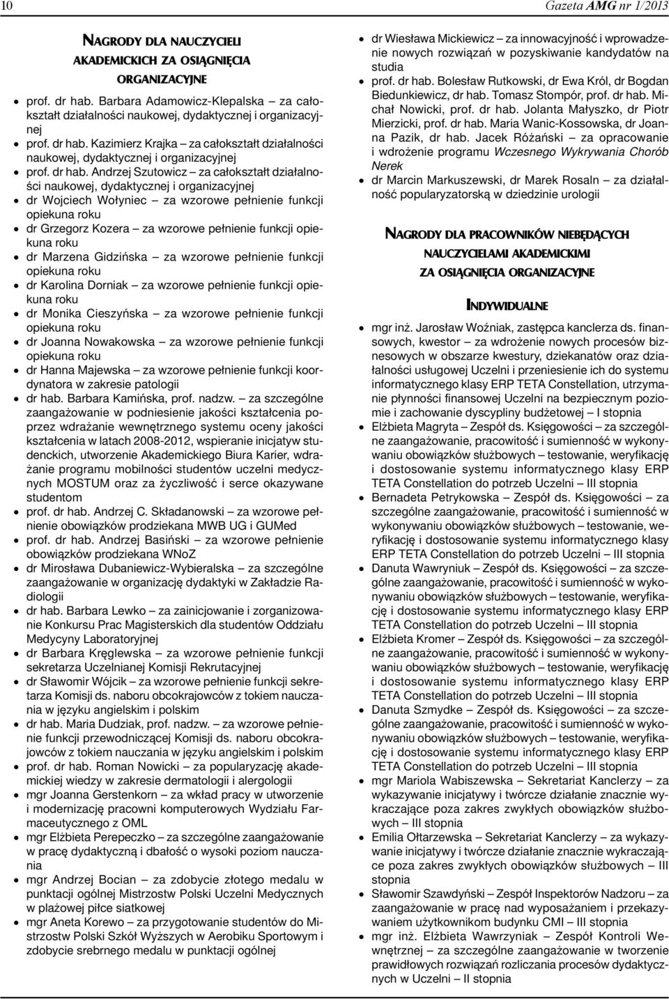 Andrzej Szutowicz za całokształt działalności naukowej, dydaktycznej i organizacyjnej dr Wojciech Wołyniec za wzorowe pełnienie funkcji opiekuna roku dr Grzegorz Kozera za wzorowe pełnienie funkcji