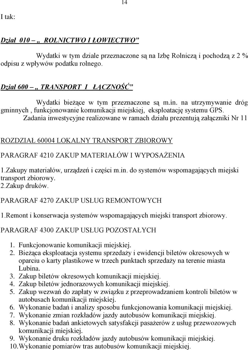 Zadania inwestycyjne realizowane w ramach działu prezentują załączniki Nr 11 ROZDZIAŁ 60004 LOKALNY TRANSPORT ZBIOROWY PARAGRAF 4210 ZAKUP MATERIAŁÓW I WYPOSAŻENIA 1.