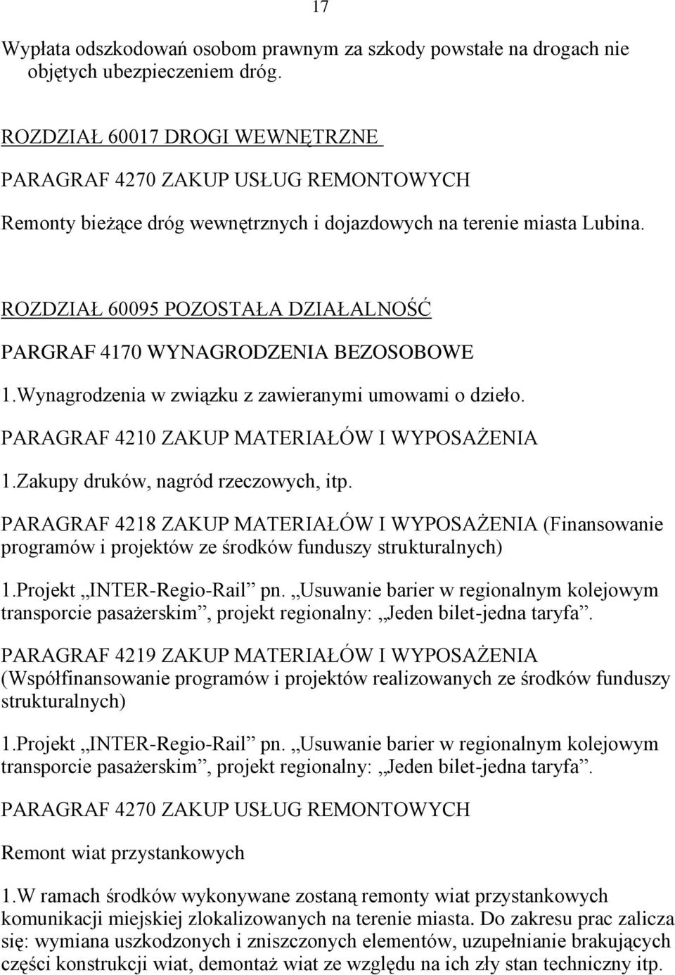 ROZDZIAŁ 60095 POZOSTAŁA DZIAŁALNOŚĆ PARGRAF 4170 WYNAGRODZENIA BEZOSOBOWE 1.Wynagrodzenia w związku z zawieranymi umowami o dzieło. PARAGRAF 4210 ZAKUP MATERIAŁÓW I WYPOSAŻENIA 1.