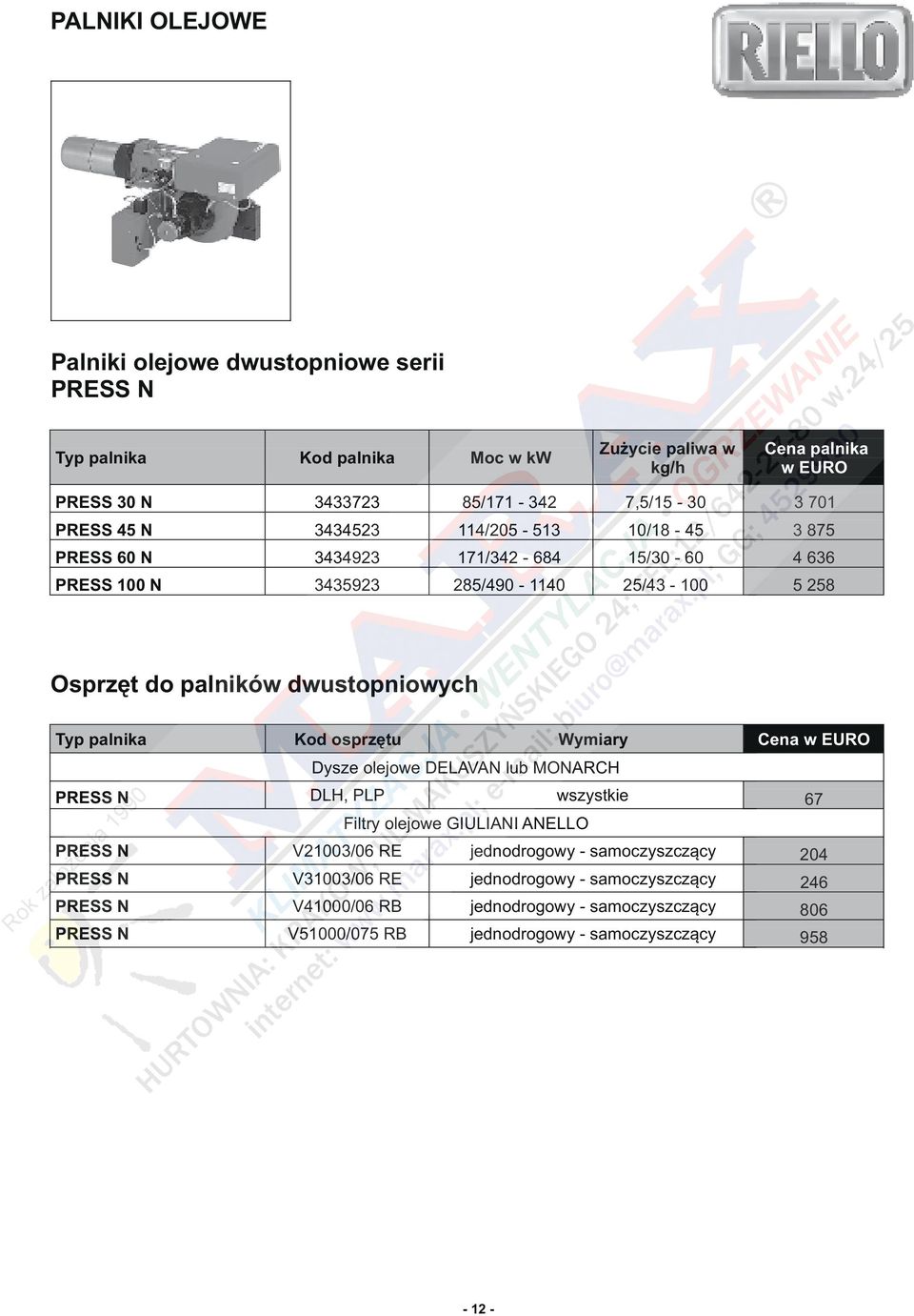 palnika Kod osprzętu Wymiary Cena Dysze olejowe DELAVAN lub MONARCH PRESS N DLH, PLP wszystkie 67 Filtry olejowe GIULIANI ANELLO PRESS N V21003/06 RE jednodrogowy -