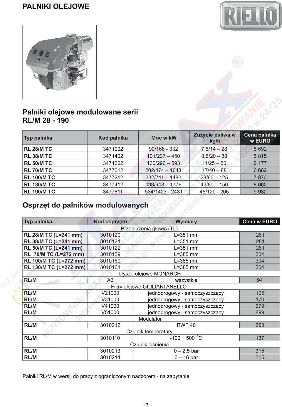 RL 190/M TC 3477811 534/1423-2431 45/120-205 9 932 Osprzęt do palników modulowanych Typ palnika Kod osprzętu Wymiary Cena Przedłużenia głowic (TL) RL 28/M TC (L=241 mm) 3010120 L=351 mm 281 RL 38/M