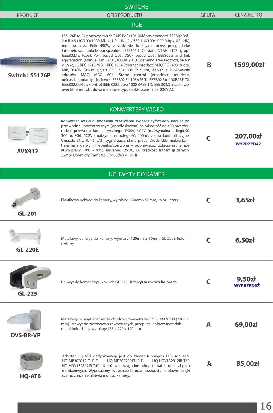 1 Q static VLN (128 grup), IEEE802.1p (CoS), Port based QoS, DSCP based QoS, IEEE802.3 and link aggregation (Manual lub LCP), IEEE802.