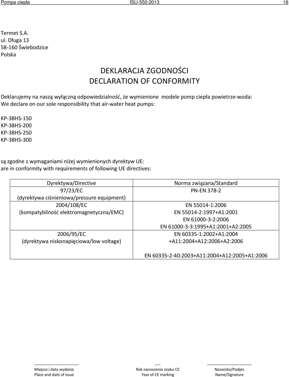 sole responsibility that air-water heat pumps: KP-38HS-150 KP-38HS-200 KP-38HS-250 KP-38HS-300 są zgodne z wymaganiami niżej wymienionych dyrektyw UE: are in conformity with requirements of following