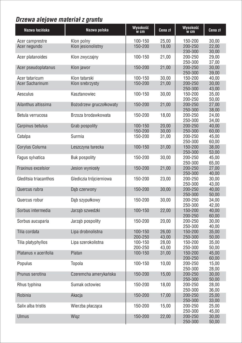 Klon tatarski 100-150 30,00 150-200 40,00 Acer Sacharinum Klon srebrzysty 150-200 21,00 200-250 30,00 250-300 43,00 Aesculus Kasztanowiec 100-150 30,00 150-200 35,00 200-250 50,00 Ailanthus altissima