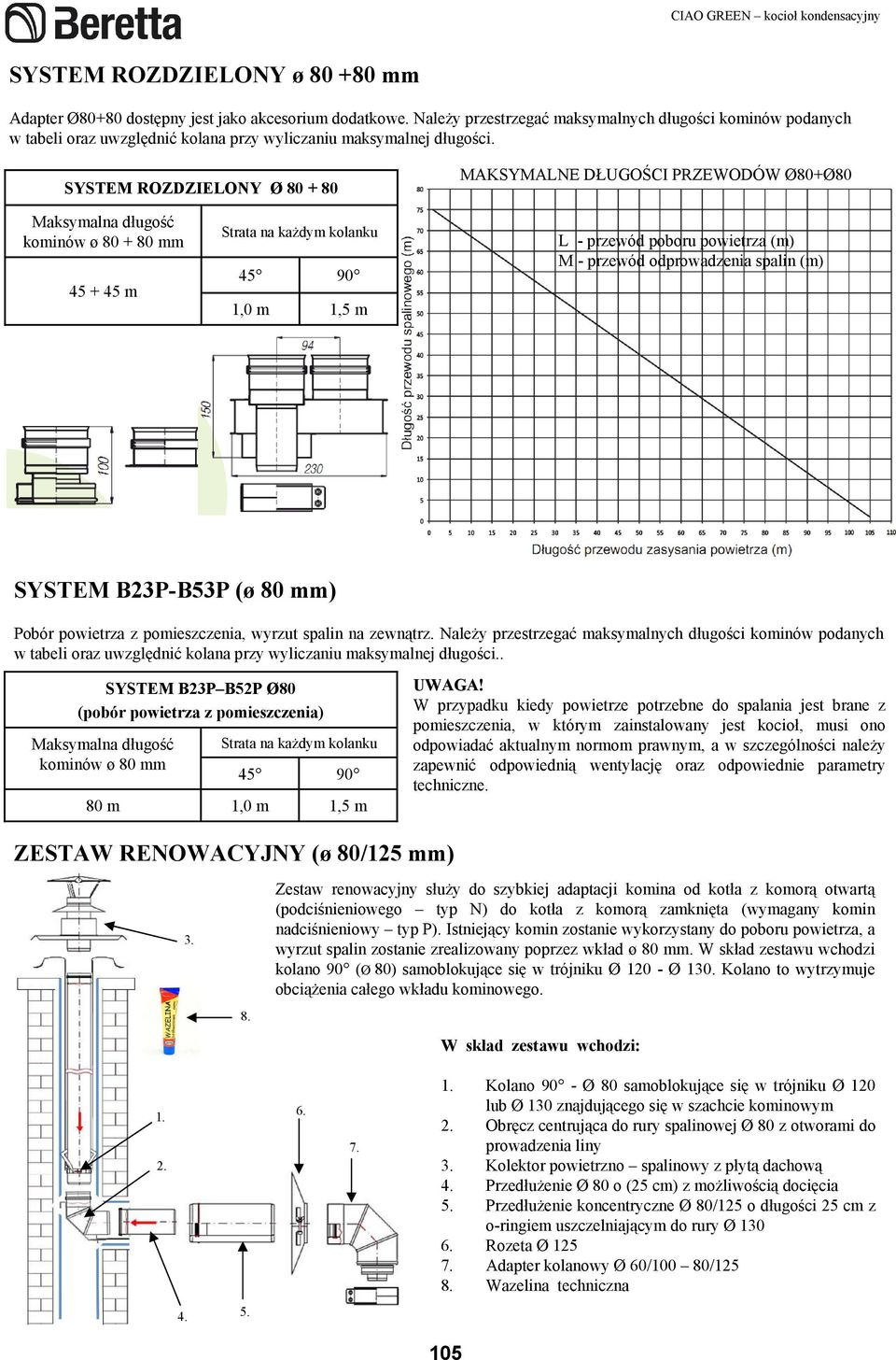 SYSTEM ROZDZIELONY Ø 80 + 80 MAKSYMALNE DŁUGOŚCI PRZEWODÓW Ø80+Ø80 Maksymalna długość kominów ø 80 + 80 mm 45 + 45 m Strata na kaŝdym kolanku 45 90 1,0 m 1,5 m L przewód poboru powietrza (m) M