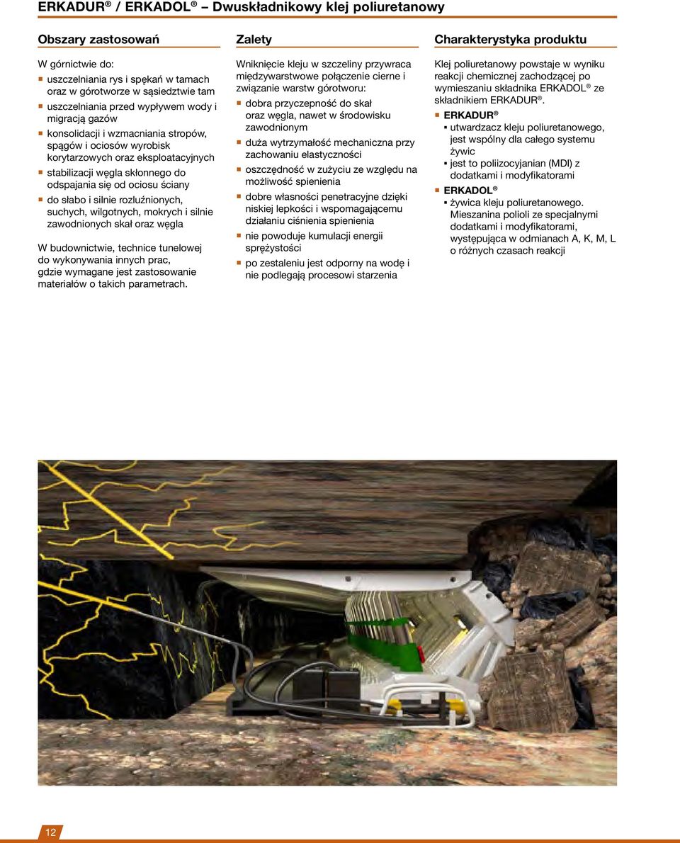 rozluźnionych, suchych, wilgotnych, mokrych i silnie zawodnionych skał oraz węgla W budownictwie, technice tunelowej do wykonywania innych prac, gdzie wymagane jest zastosowanie materiałów o takich