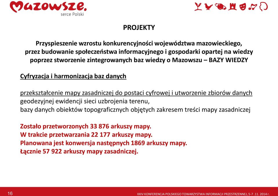 ewidencji sieci uzbrojenia terenu, bazy danych obiektów topograficznych objętych zakresem treści mapy zasadniczej Zostało przetworzonych 33 876 arkuszy mapy.