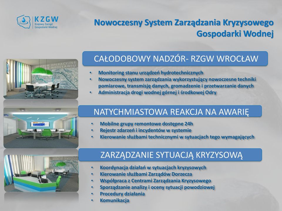 remontowe dostępne 24h Rejestr zdarzeń i incydentów w systemie Kierowanie służbami technicznymi w sytuacjach tego wymagających ZARZĄDZANIE SYTUACJĄ KRYZYSOWĄ Koordynacja działań w