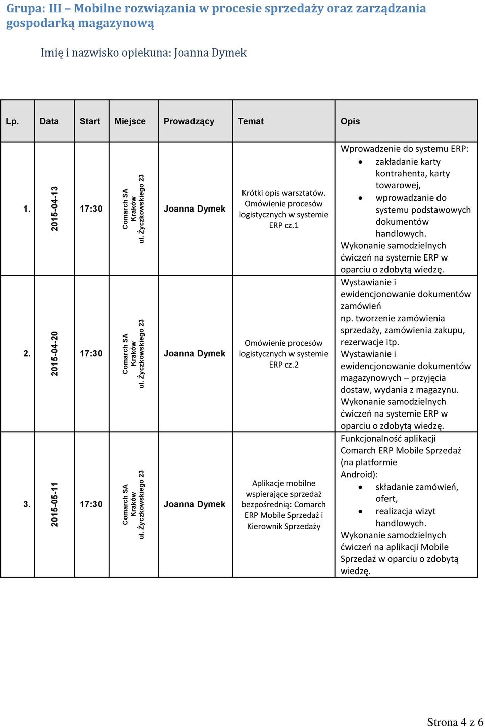 2 Aplikacje mobilne wspierające sprzedaż bezpośrednią: Comarch ERP Mobile Sprzedaż i Kierownik Sprzedaży Wprowadzenie do systemu ERP: zakładanie karty kontrahenta, karty towarowej, wprowadzanie do