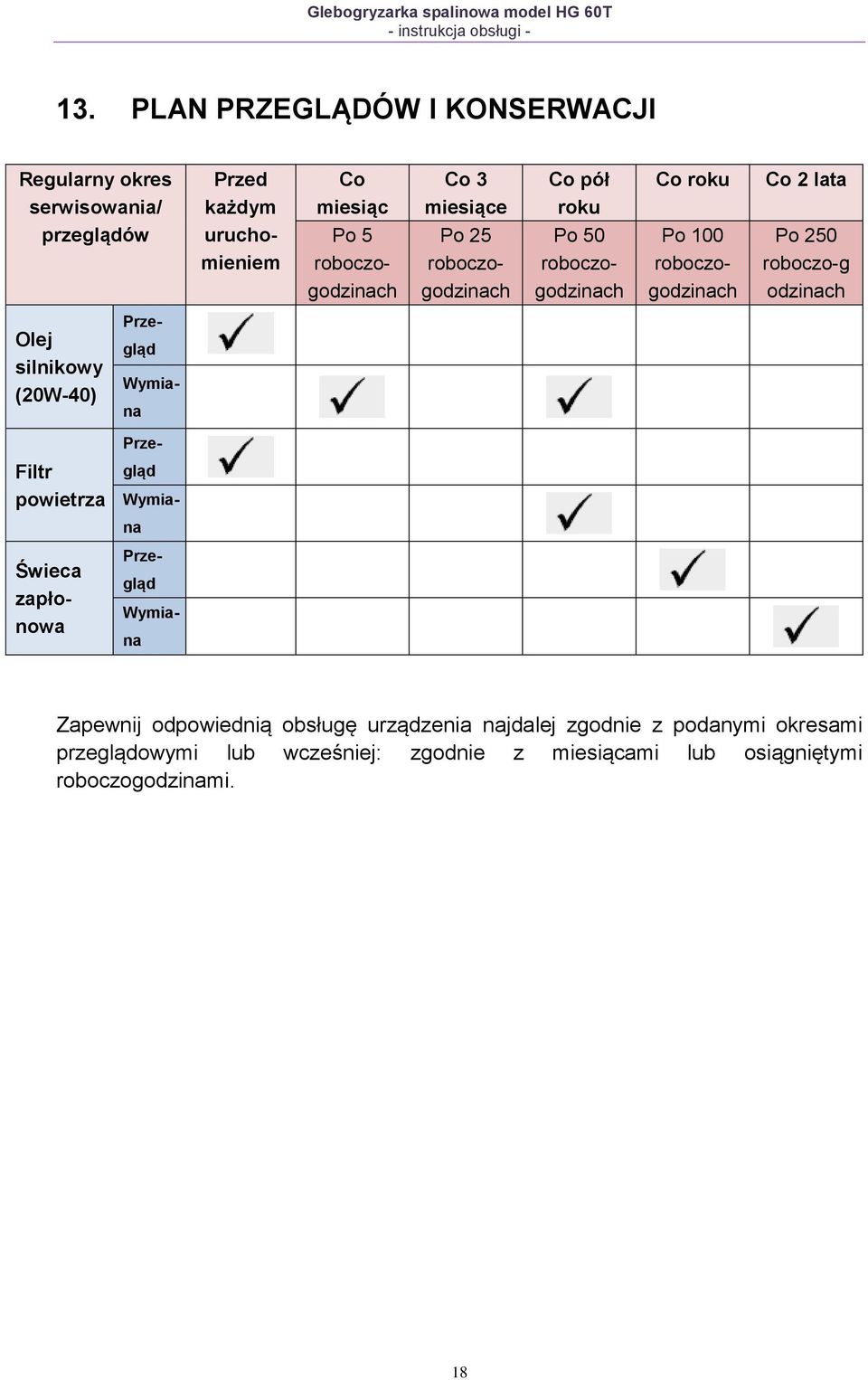 odzinach Olej silnikowy (20W-40) Filtr powietrza Świeca zapłonowa Przegląd Wymiana Przegląd Wymiana Przegląd Wymiana Zapewnij