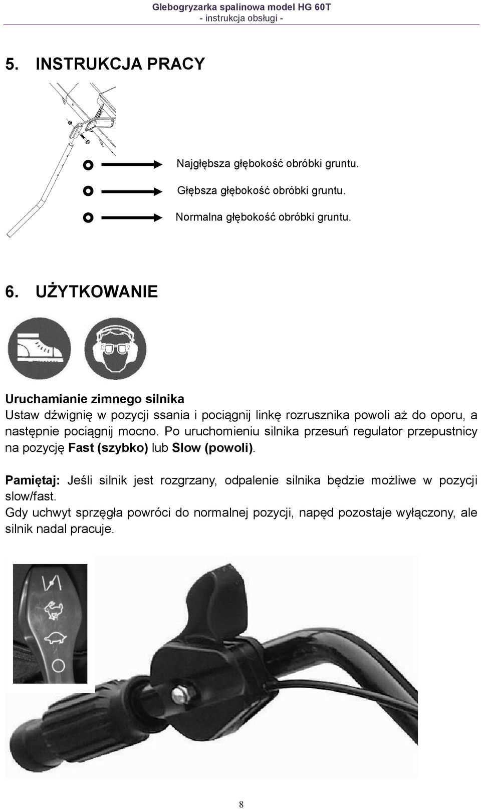 mocno. Po uruchomieniu silnika przesuń regulator przepustnicy na pozycję Fast (szybko) lub Slow (powoli).