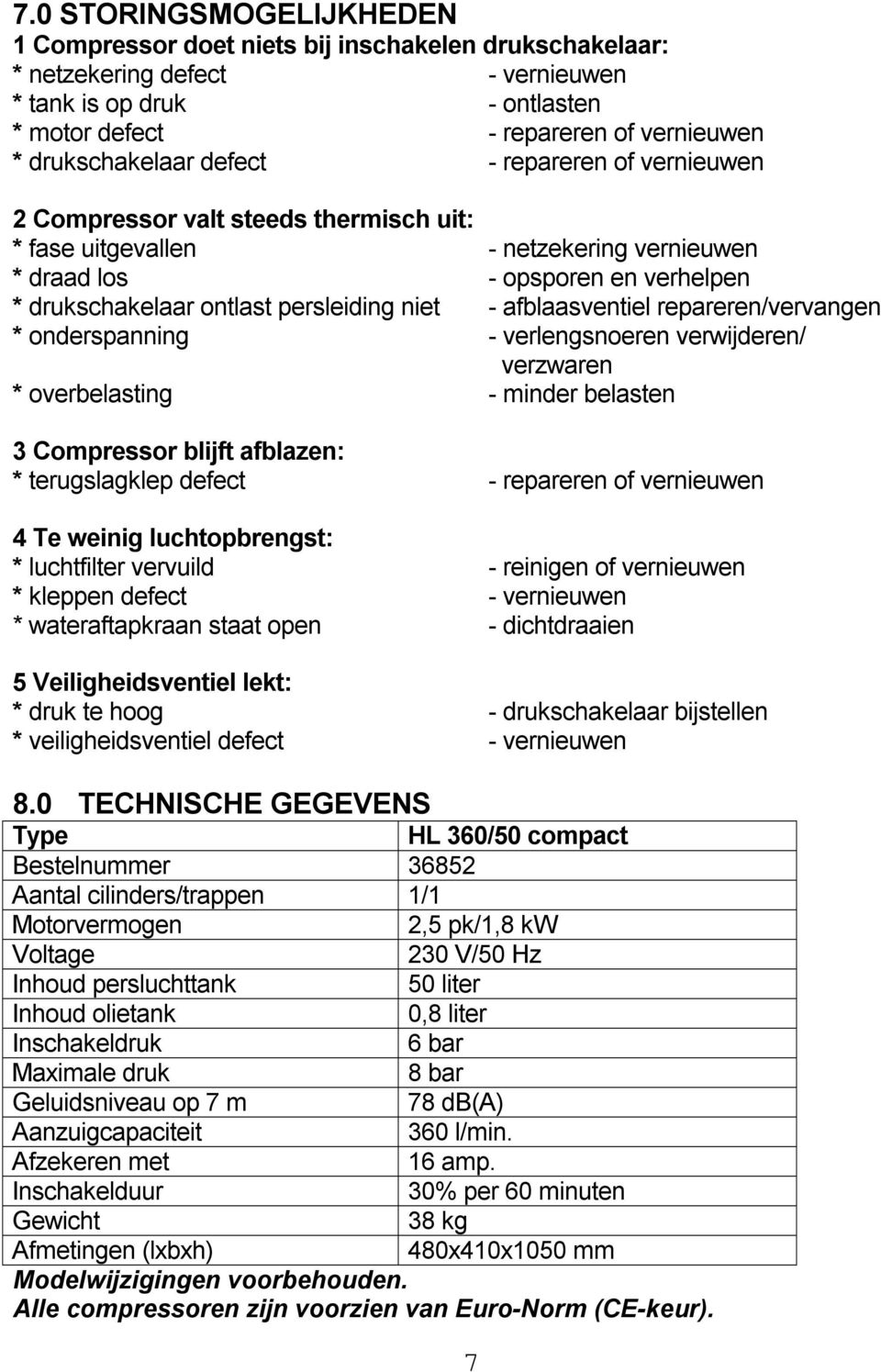 persleiding niet - afblaasventiel repareren/vervangen * onderspanning - verlengsnoeren verwijderen/ verzwaren * overbelasting - minder belasten 3 Compressor blijft afblazen: * terugslagklep defect -