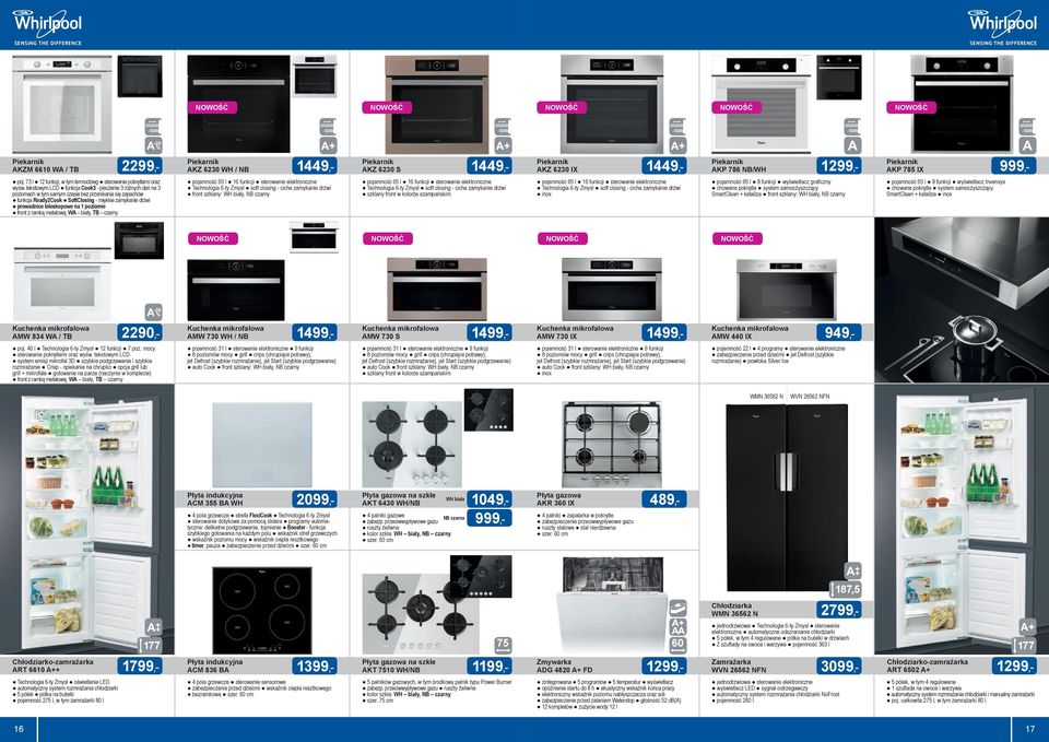 poziomie front z ramką metalową: WA biały, T czarny pojemność 65 l 16 funkcji sterowanie elektroniczne Technologia 6-ty Zmysł soft closing - ciche zamykanie drzwi front szklany: WH biały, N czarny