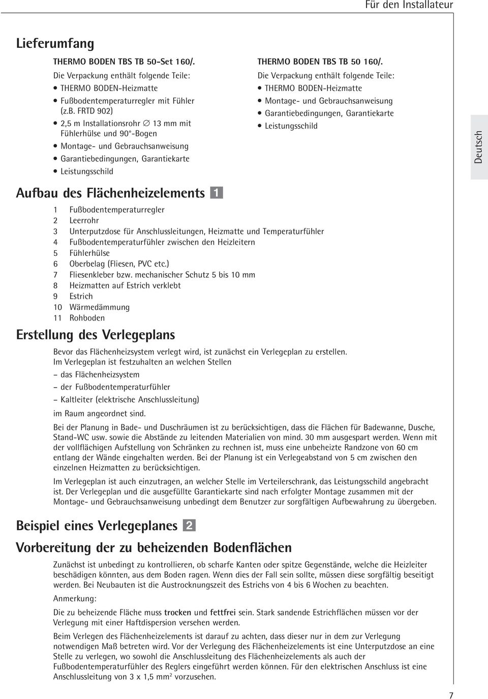 FRTD 902) 2,5 m Installationsrohr 13 mm mit Fühlerhülse und 90 -Bogen Montage- und Gebrauchsanweisung Garantiebedingungen, Garantiekarte Leistungsschild THERMO BODEN TBS TB 50 160/.