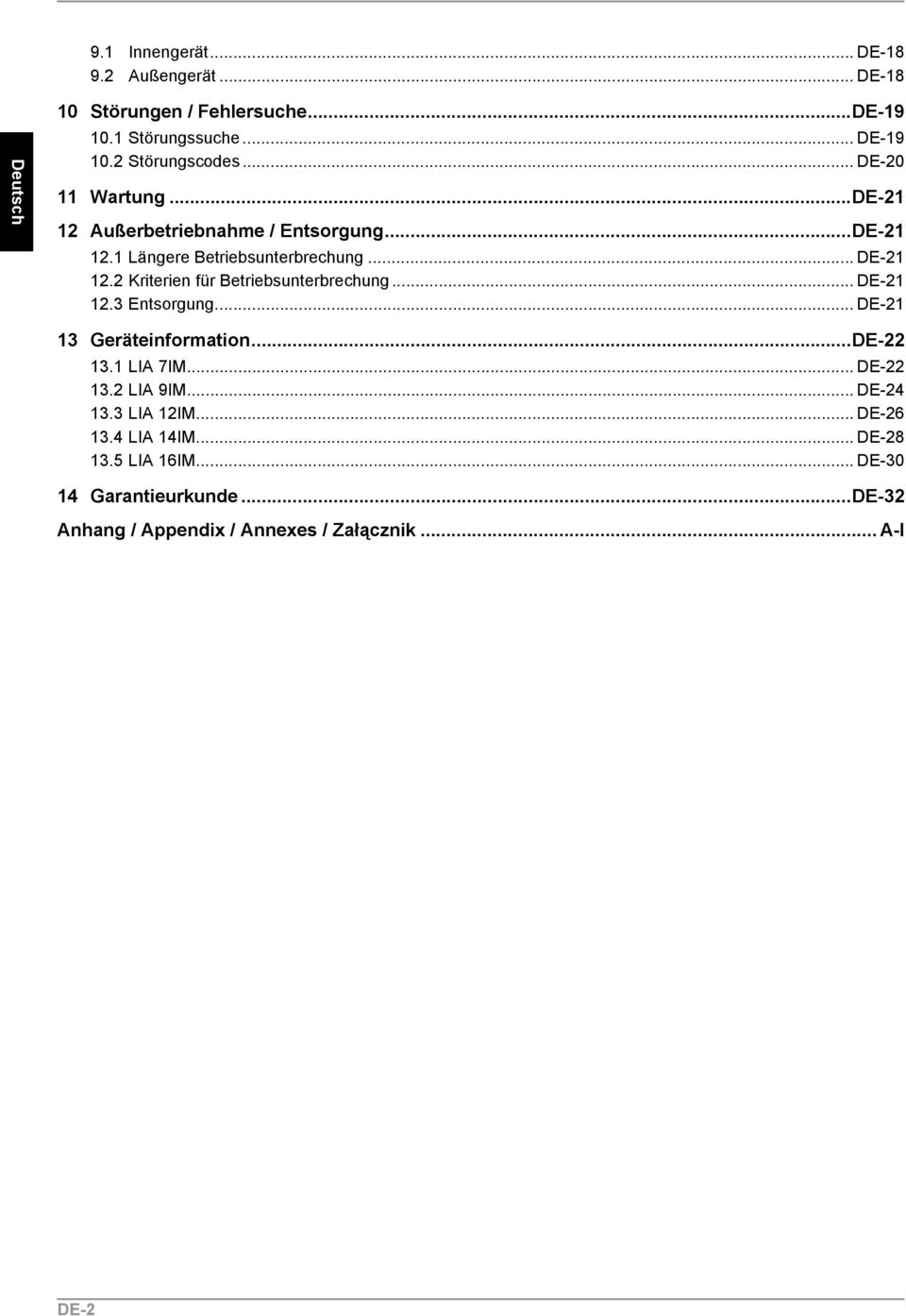 2 Kriterien für Betriebsunterbrechung... DE-21 12.3 Entsorgung... DE-21 13 Geräteinformation...DE-22 13.1 LIA 7IM... DE-22 13.2 LIA 9IM.