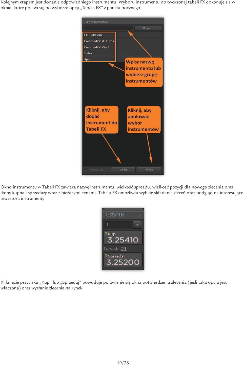 Okno instrumentu w Tabeli FX zawiera nazwę instrumentu, wielkość spreadu, wielkość pozycji dla nowego zlecenia oraz ikony kupna i sprzedaży wraz z