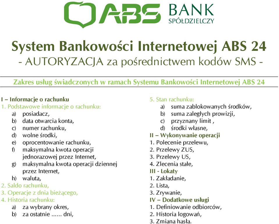 maksymalna kwota operacji dziennej przez Internet, h) waluta, 2. Saldo rachunku, 3. Operacje z dnia bieżącego, 4. Historia rachunku: a) za wybrany okres, b) za ostatnie dni, 5.