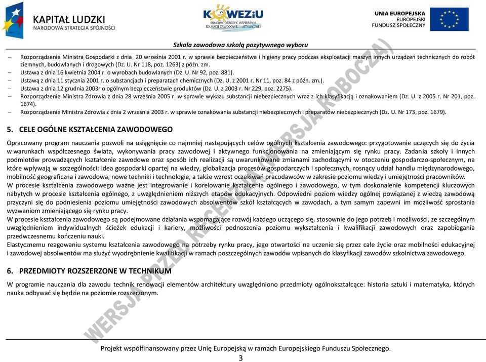 Ustawa z dnia 16 kwietnia 2004 r. o wyrobach budowlanych (Dz. U. Nr 92, poz. 881). Ustawą z dnia 11 stycznia 2001 r. o substancjach i preparatach chemicznych (Dz. U. z 2001 r. Nr 11, poz. 84 z późn.