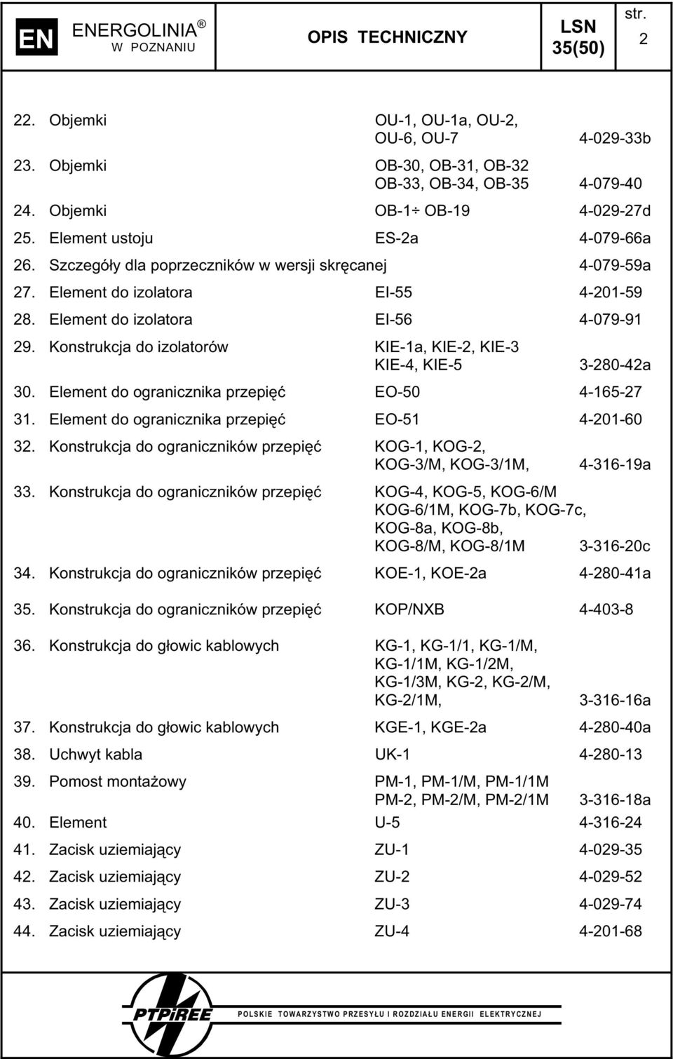 Konstrukcja do izolatorów KIE-1a, KIE-2, KIE-3 KIE-4, KIE-5 3-280-42a 30. Element do ogranicznika przepi EO-50 4-165-27 31. Element do ogranicznika przepi EO-51 4-201-60 32.