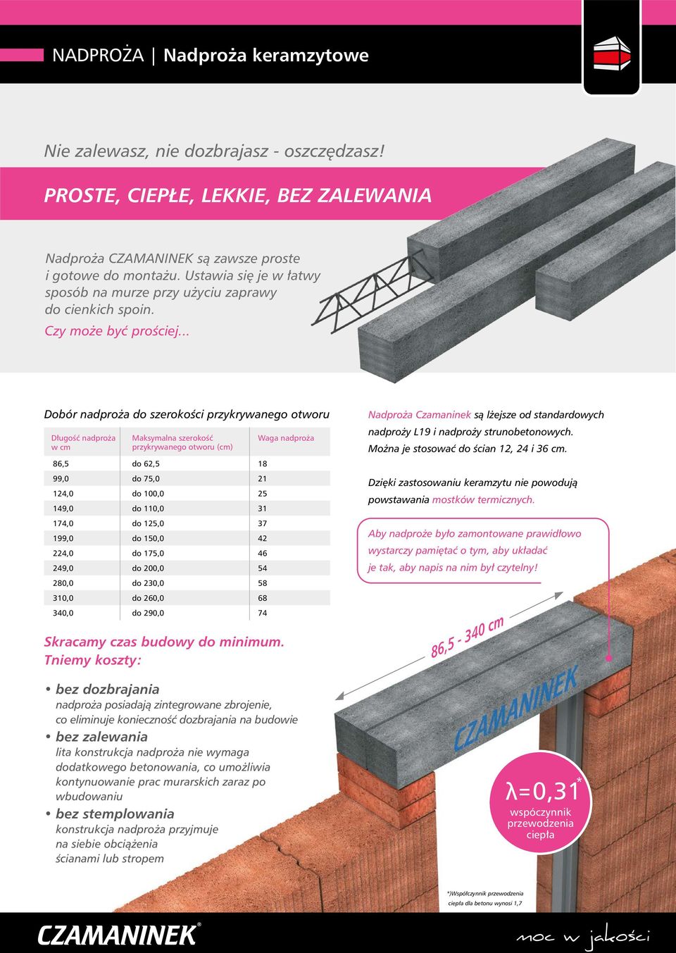 .. Dobór nadpro a do szerokoœci przykrywanego otworu D³ugoœæ nadpro a w cm 86,5 99,0 1,0 149,0 174,0 199,0 2,0 9,0 280,0 310,0 340,0 Maksymalna szerokoœæ przykrywanego otworu (cm) do 62,5 do 75,0 do