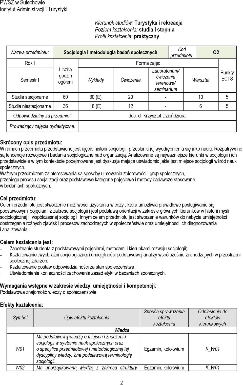 20-10 5 Studia niestacjonarne 36 18 (E) 12-6 5 Odpowiedzialny za przedmiot: Prowadzący zajęcia dydaktyczne: doc.