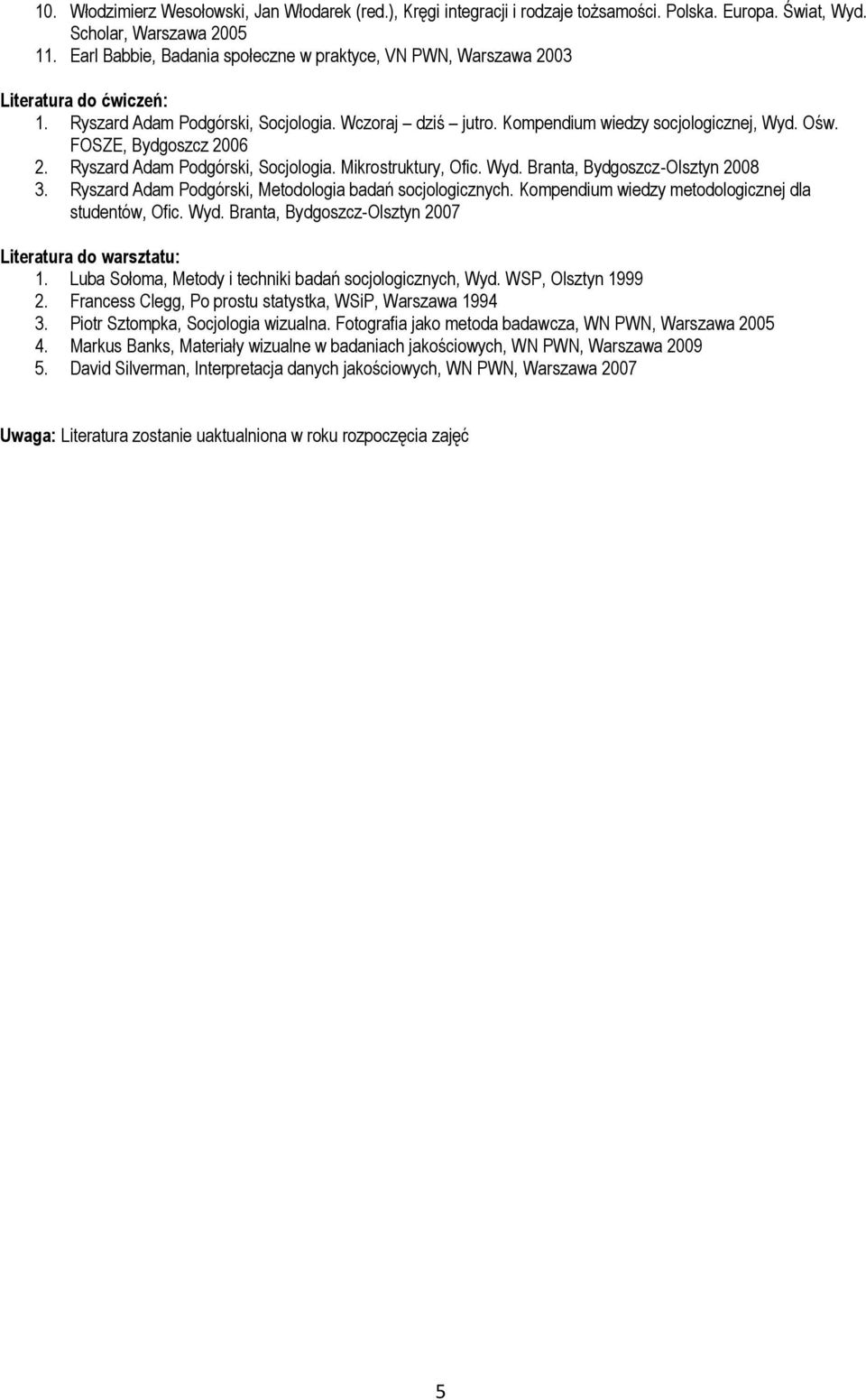 FOSZE, Bydgoszcz 2006 2. Ryszard Adam Podgórski, Socjologia. Mikrostruktury, Ofic. Wyd. Branta, Bydgoszcz-Olsztyn 2008 3. Ryszard Adam Podgórski, Metodologia badań socjologicznych.