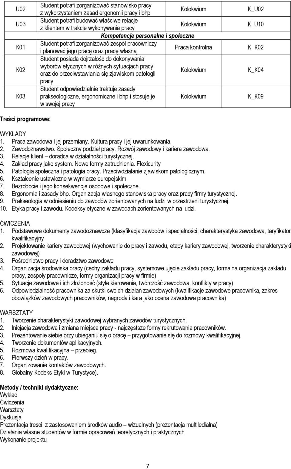 wyborów etycznych w różnych sytuacjach pracy Kolokwium oraz do przeciwstawiania się zjawiskom patologii pracy Student odpowiedzialnie traktuje zasady prakseologiczne, ergonomiczne i bhp i stosuje je