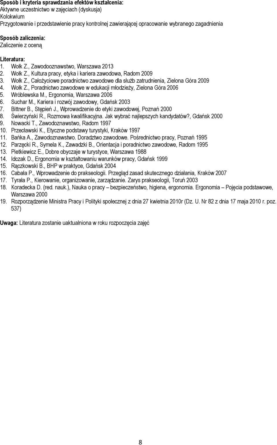 Wołk Z., Poradnictwo zawodowe w edukacji młodzieży, Zielona Góra 2006 5. Wróblewska M., Ergonomia, Warszawa 2006 6. Suchar M., Kariera i rozwój zawodowy, Gdańsk 2003 7. Bittner B., Stępień J.