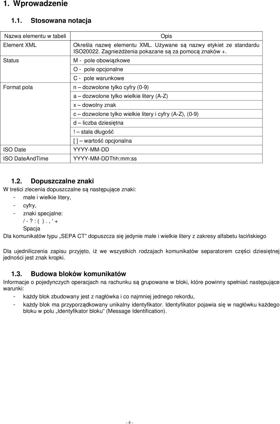 - pole obowiązkowe - pole opcjonalne C - pole warunkowe Format pola n dozwolone tylko cyfry (0-9) IS Date IS DateAndTime a dozwolone tylko wielkie litery (A-Z) x dowolny znak c dozwolone tylko