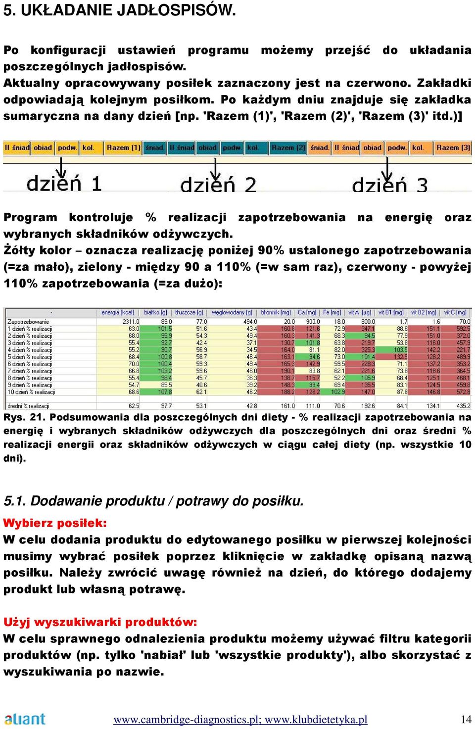 )] Program kontroluje % realizacji zapotrzebowania na energię oraz wybranych składników odŝywczych.