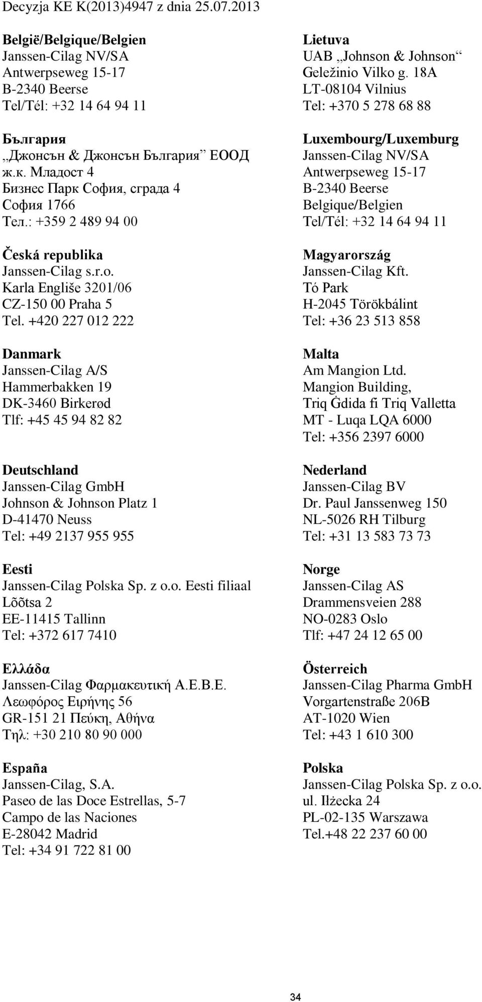 +420 227 012 222 Danmark Janssen-Cilag A/S Hammerbakken 19 DK-3460 Birkerød Tlf: +45 45 94 82 82 Deutschland Janssen-Cilag GmbH Johnson & Johnson Platz 1 D-41470 Neuss Tel: +49 2137 955 955 Eesti