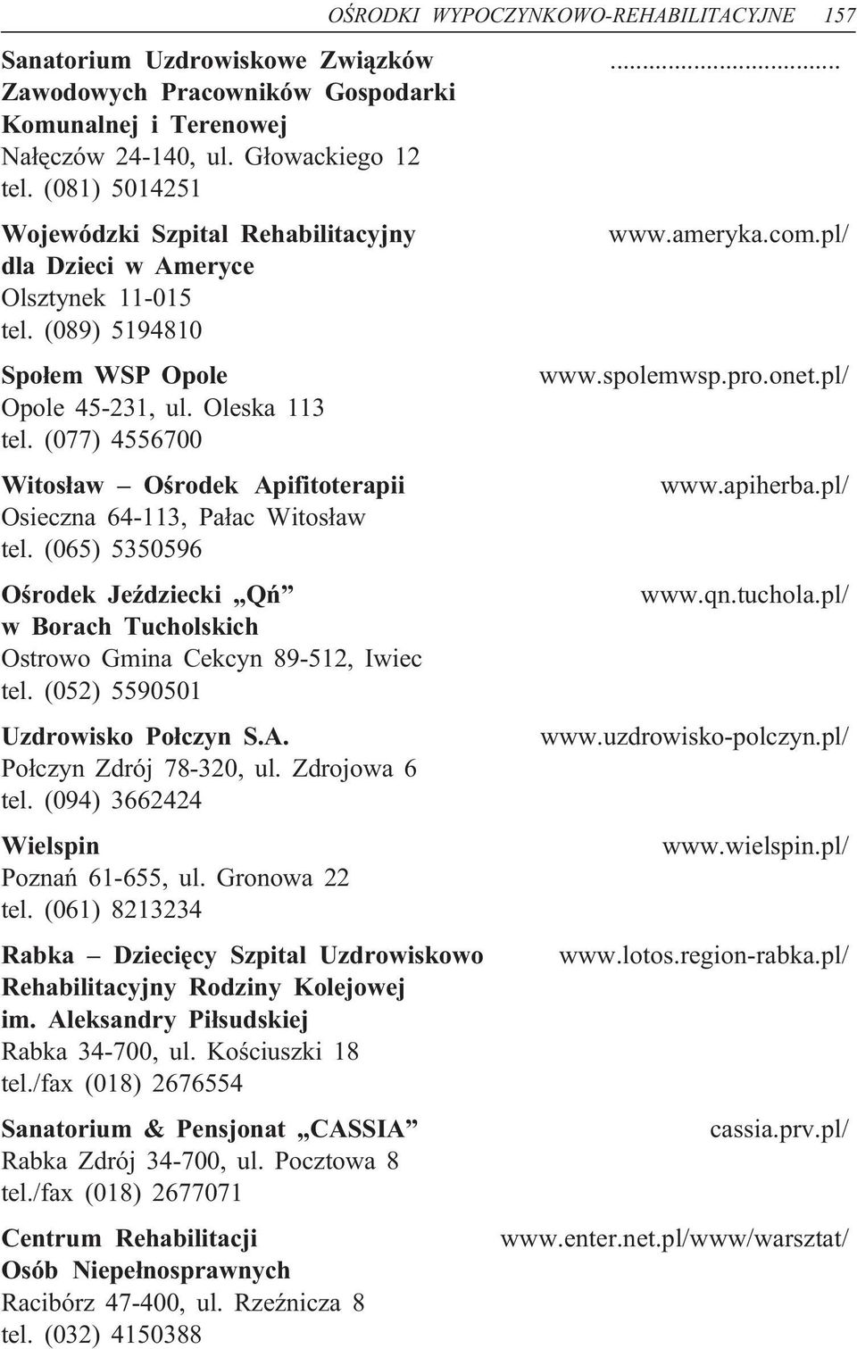 Oleska 113 tel. (077) 4556700 Witosław Ośrodek Apifitoterapii www.apiherba.pl/ Osieczna 64-113, Pałac Witosław tel. (065) 5350596 Ośrodek Jeździecki Qń www.qn.tuchola.