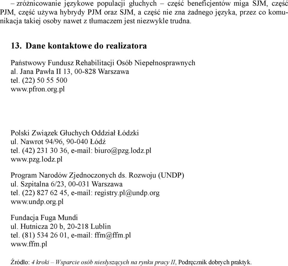 pl Polski Związek Głuchych Oddział Łódzki ul. Nawrot 94/96, 90-040 Łódź tel. (42) 231 30 36, e-mail: biuro@pzg.lodz.pl www.pzg.lodz.pl Program Narodów Zjednoczonych ds. Rozwoju (UNDP) ul.