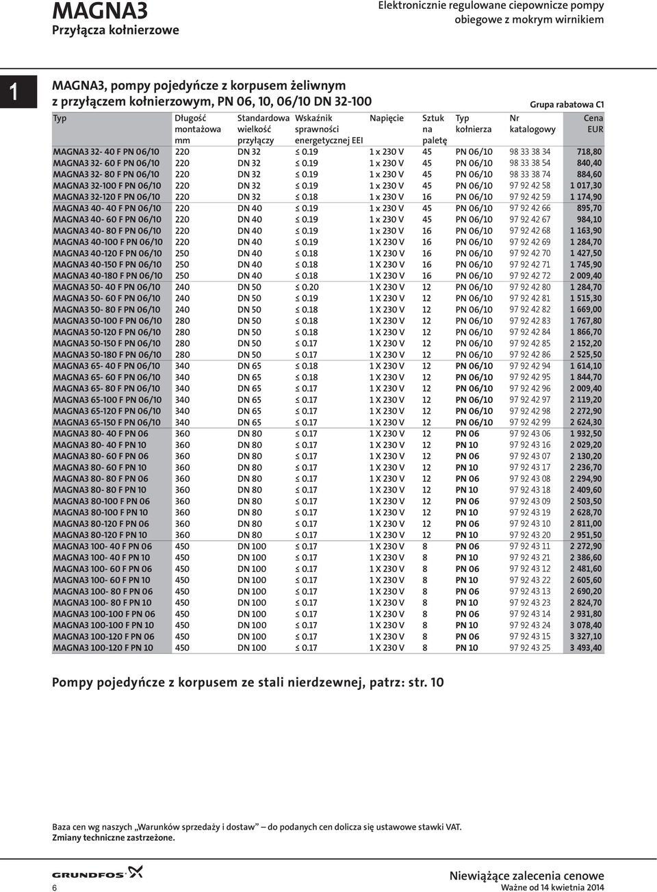 06/10 220 DN 32 0.19 1 x 230 V 45 PN 06/10 98 33 38 34 718,80 MAGNA3 32-60 F PN 06/10 220 DN 32 0.19 1 x 230 V 45 PN 06/10 98 33 38 54 840,40 MAGNA3 32-80 F PN 06/10 220 DN 32 0.