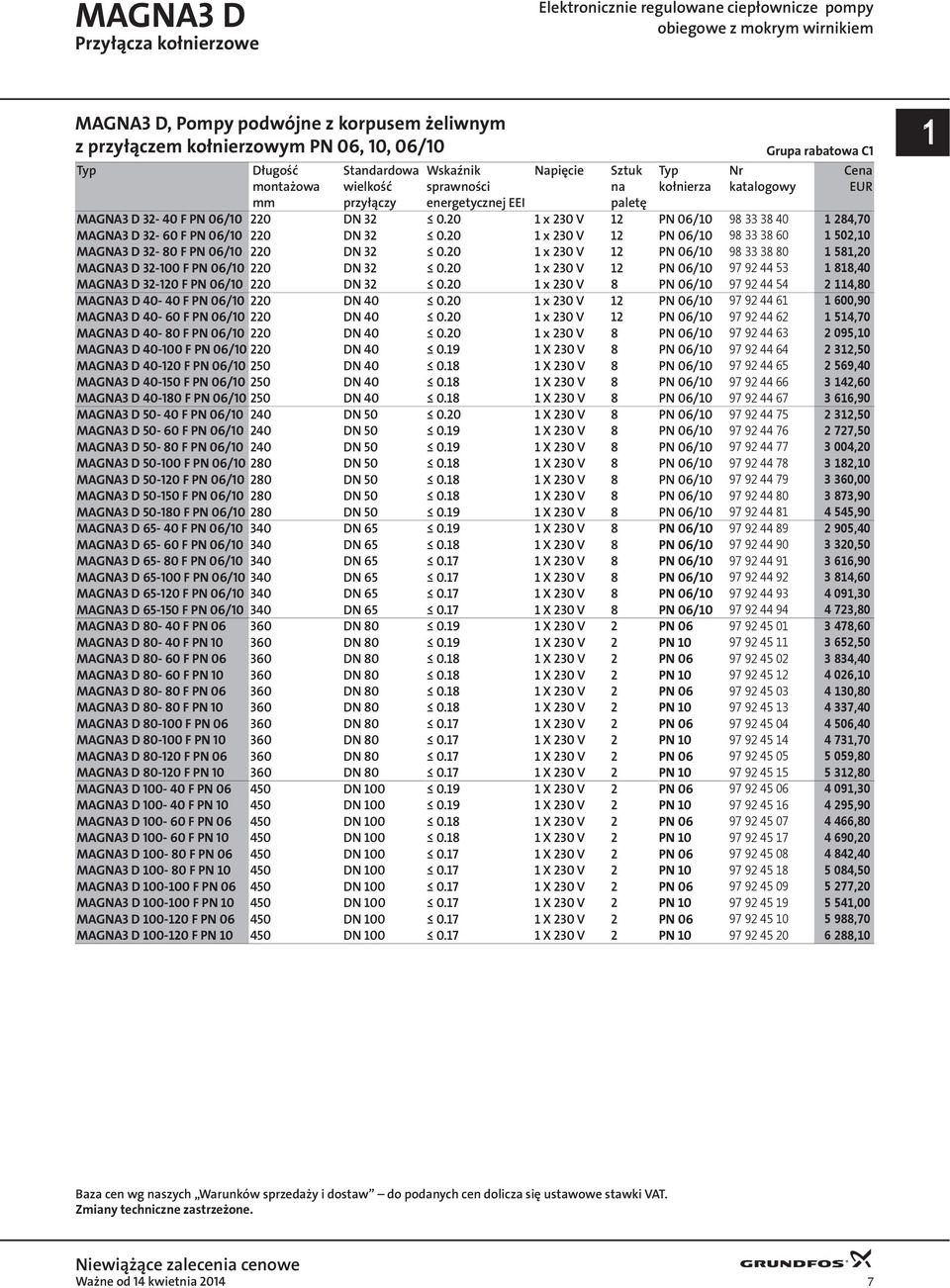 0.20 1 x 230 V 12 PN 06/10 98 33 38 40 1 284,70 MAGNA3 D 32-60 F PN 06/10 220 DN 32 0.20 1 x 230 V 12 PN 06/10 98 33 38 60 1 502,10 MAGNA3 D 32-80 F PN 06/10 220 DN 32 0.
