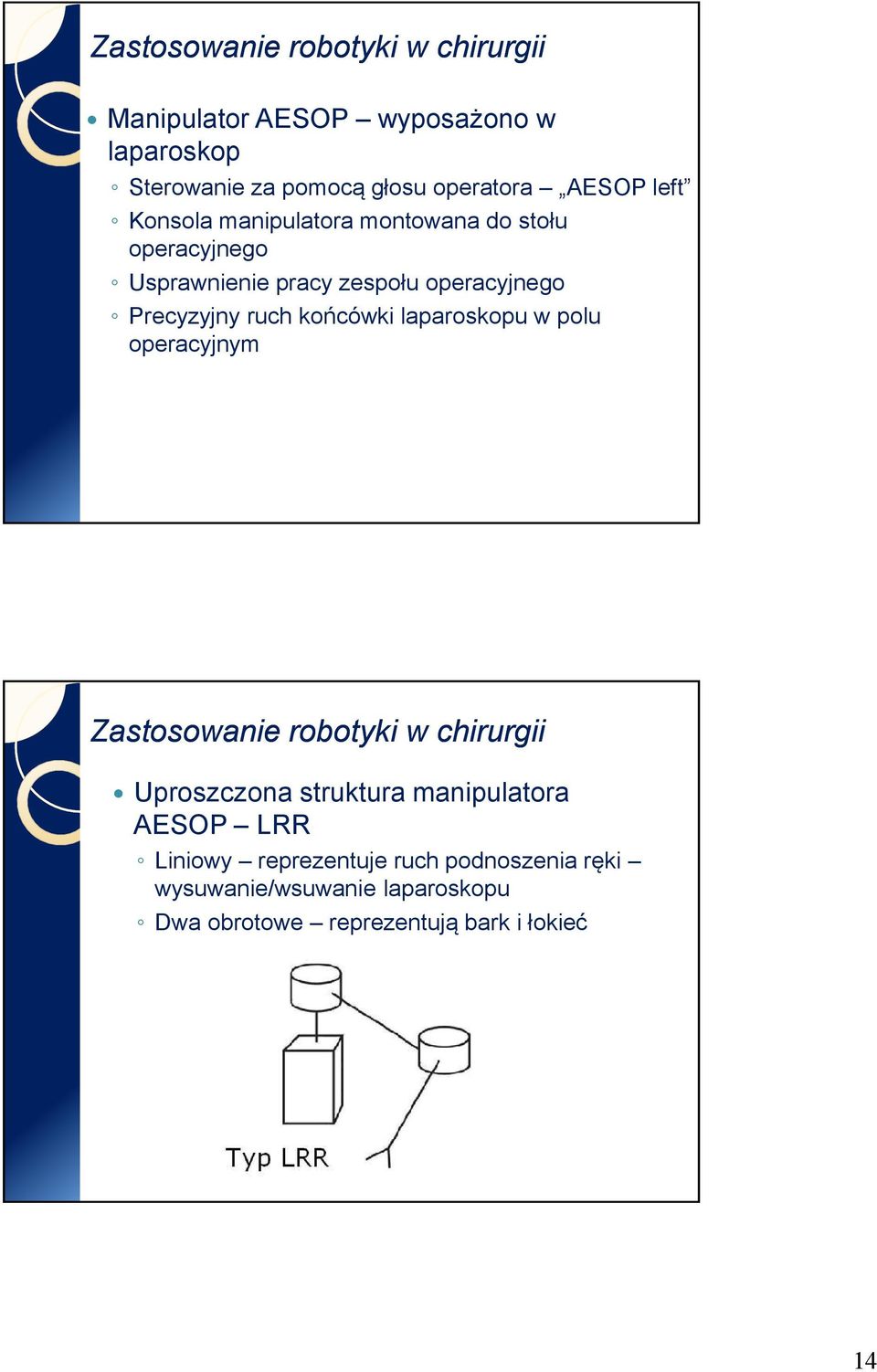 ruch końcówki laparoskopu w polu operacyjnym Uproszczona struktura manipulatora AESOP LRR Liniowy