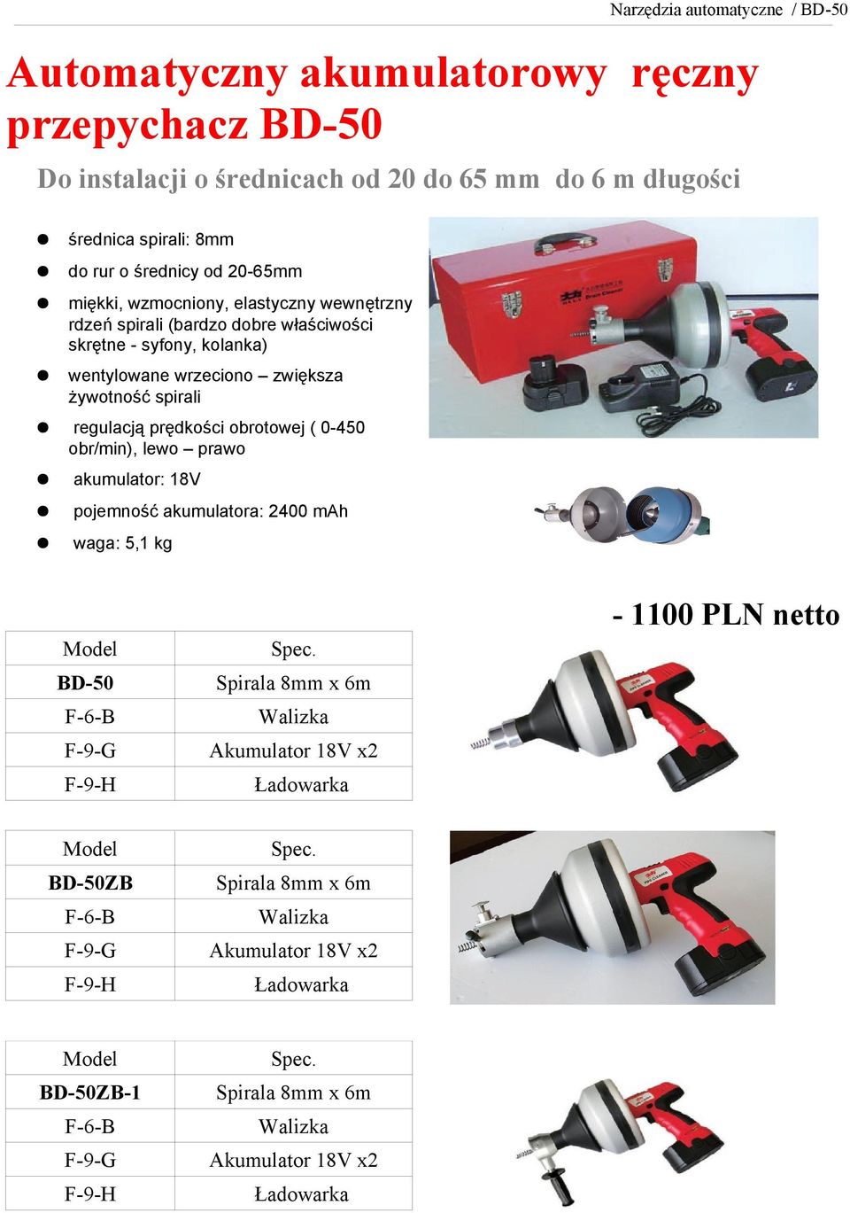 prędkości obrotowej ( 0-450 obr/min), lewo prawo akumulator: 18V pojemność akumulatora: 2400 mah waga: 5,1 kg - 1100 PLN netto BD-50 Spirala 8mm x 6m F-6-B Walizka F-9-G Akumulator