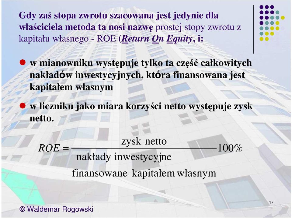 całkowitych nakładów inwestycyjnych, która finansowana jest kapitałem własnym w liczniku jako miara