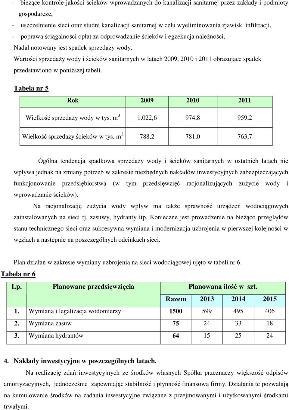 Wartości sprzedaży wody i ścieków sanitarnych w latach 2009, 2010 i 2011 obrazujące spadek przedstawiono w poniższej tabeli. Tabela nr 5 Rok 2009 2010 2011 Wielkość sprzedaży wody w tys. m 3 1.