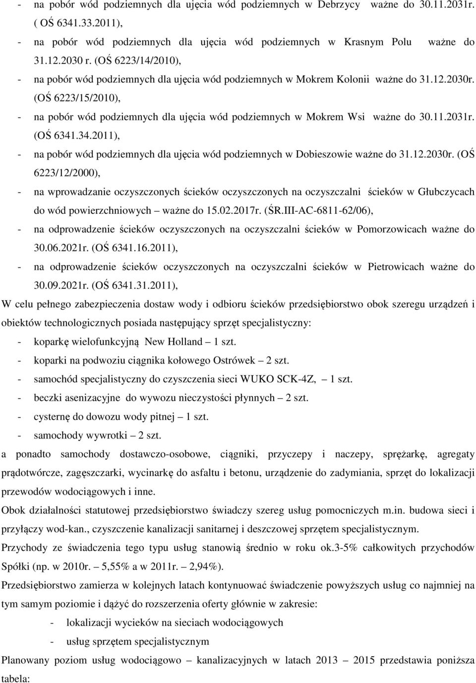 (OŚ 6223/15/2010), - na pobór wód podziemnych dla ujęcia wód podziemnych w Mokrem Wsi ważne do 30.11.2031r. (OŚ 6341