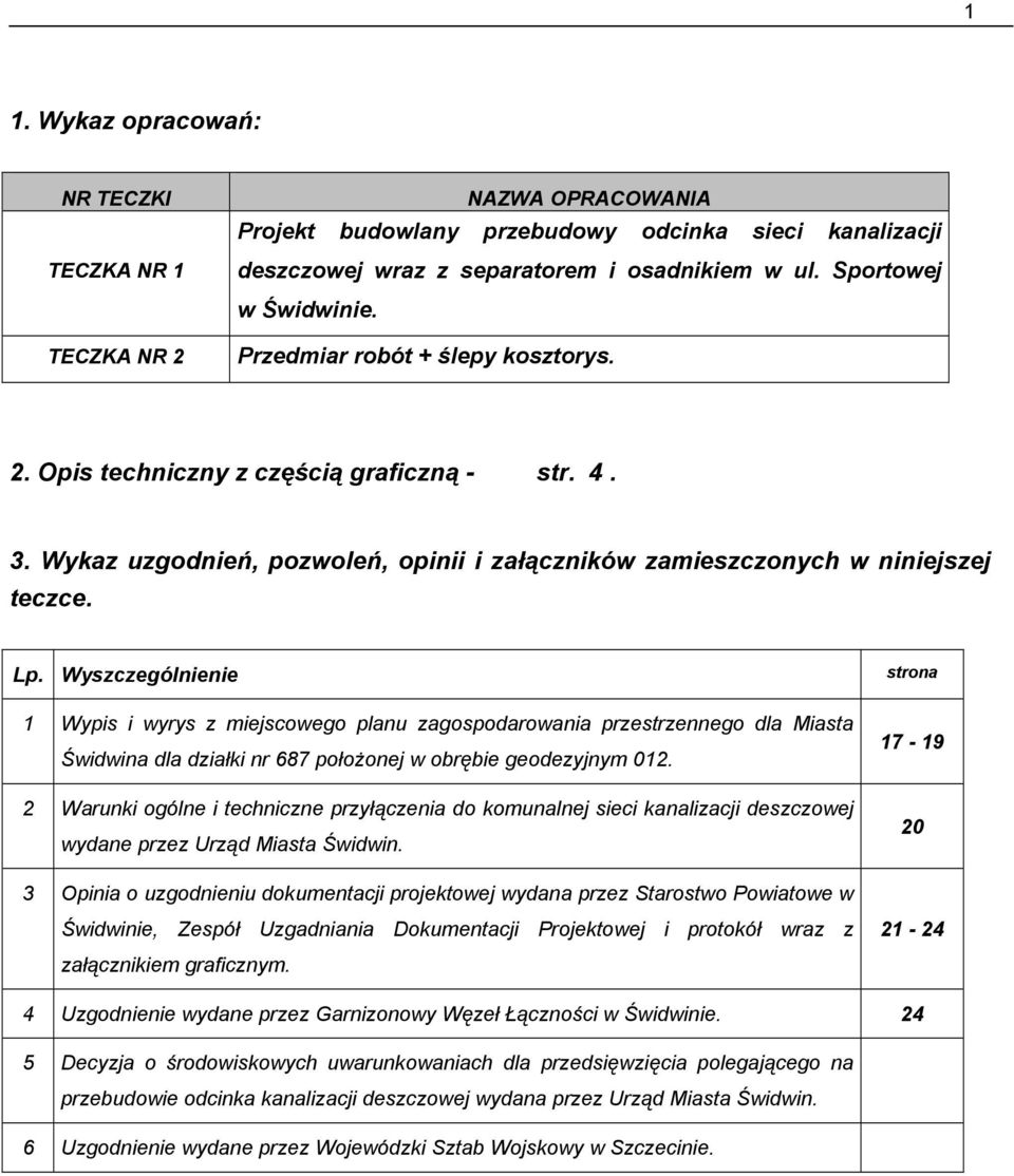 Wyszczególnienie 1 Wypis i wyrys z miejscowego planu zagospodarowania przestrzennego dla Miasta Świdwina dla działki nr 687 połoŝonej w obrębie geodezyjnym 012.