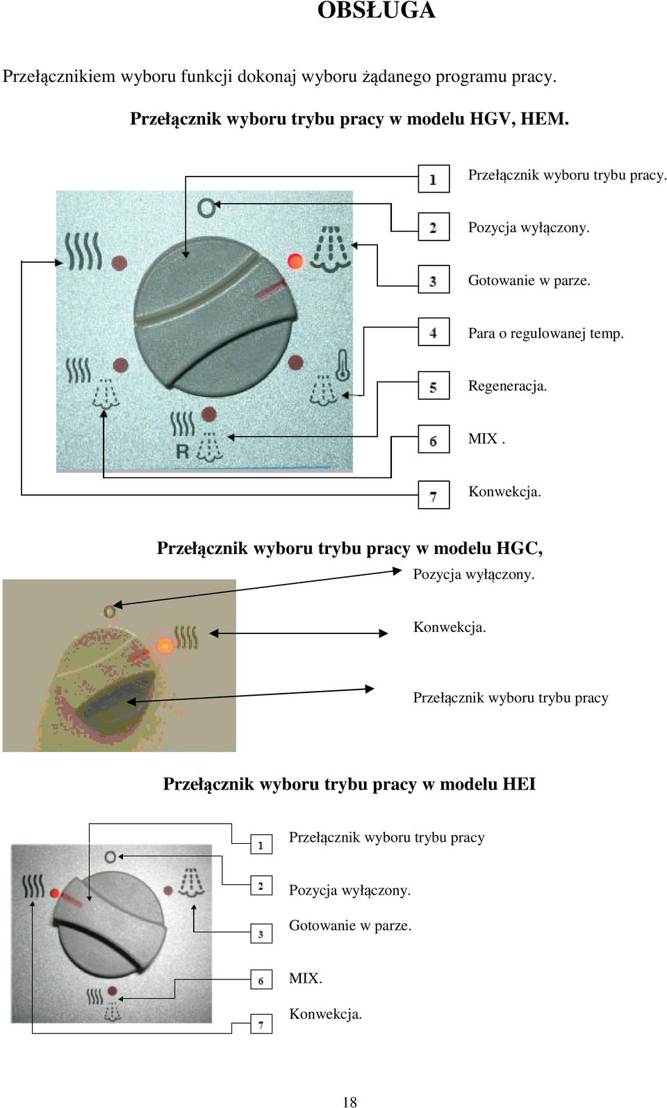 Para o regulowanej temp. Regeneracja. MIX. Konwekcja. Przełącznik wyboru trybu pracy w modelu HGC, Pozycja wyłączony.