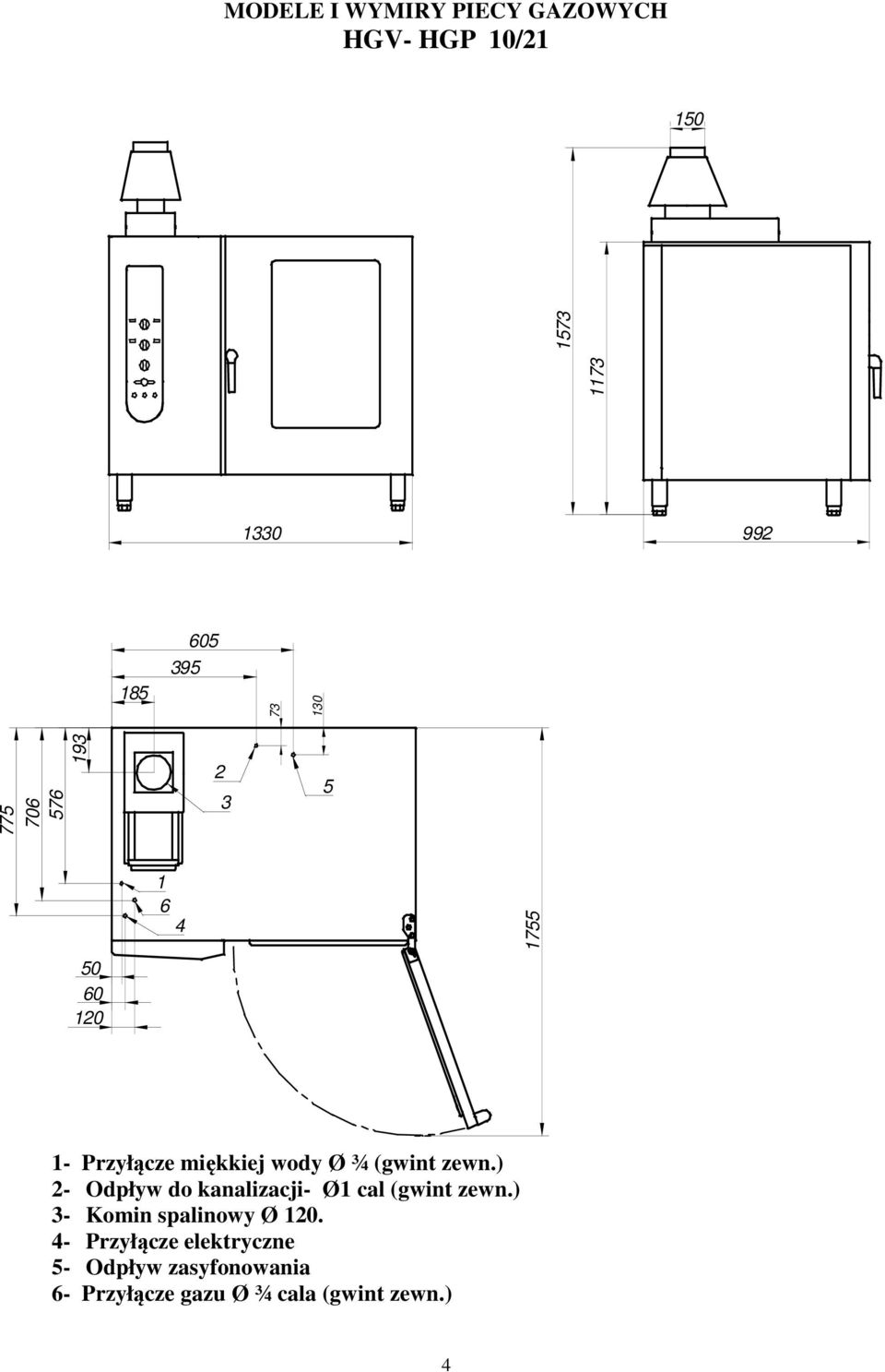 zewn.) 2- Odpływ do kanalizacji- Ø1 cal (gwint zewn.) 3- Komin spalinowy Ø 120.