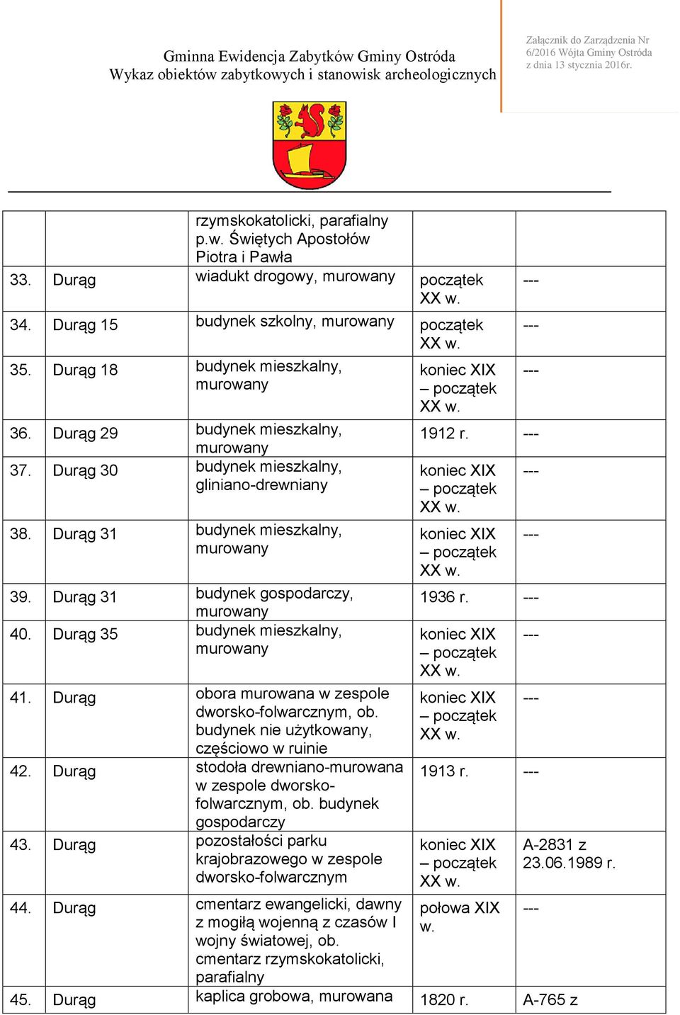 Durąg obora murowana w zespole budynek nie użytkowany, częściowo w ruinie 42. Durąg stodoła drewniano-murowana w gospodarczy 43.