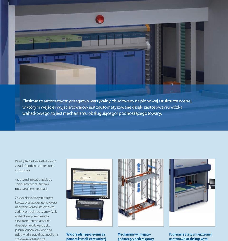 Zasada działania systemu jest bardzo prosta: operator wybiera na ekranie konsoli sterowniczej żądany produkt, po czym wózek wahadłowy przemieszcza się w pionie automatycznie do poziomu gdzie produkt