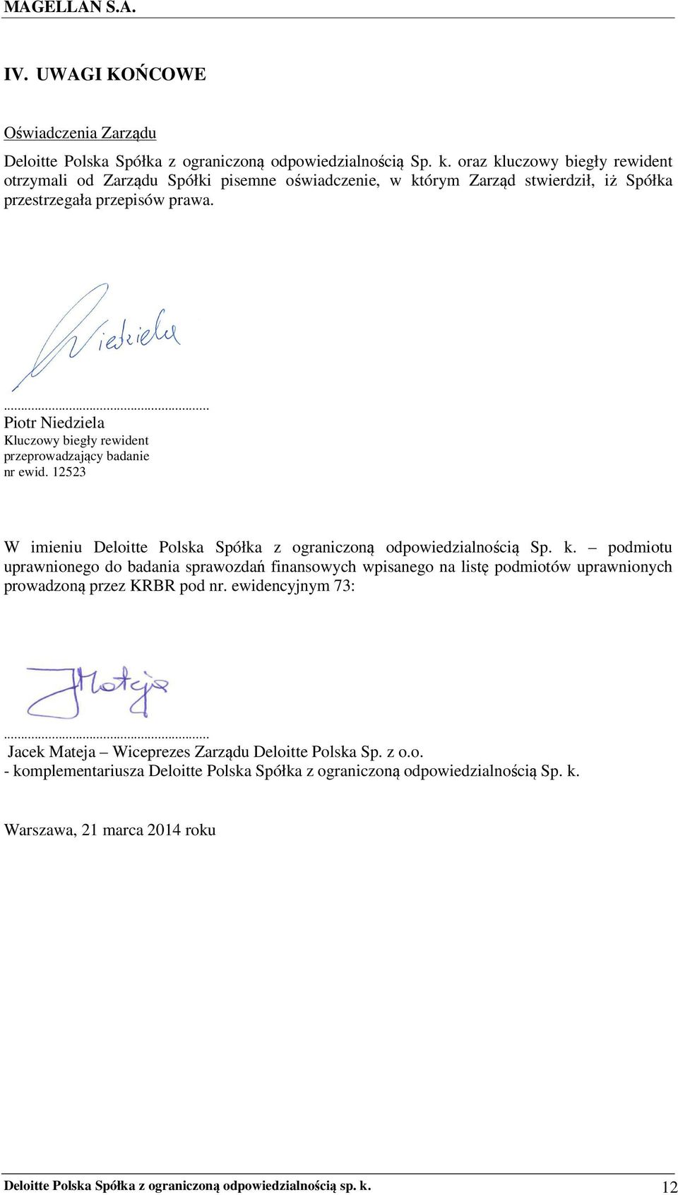 ... Piotr Niedziela Kluczowy biegły rewident przeprowadzający badanie nr ewid. 12523 W imieniu Deloitte Polska Spółka z ograniczoną odpowiedzialnością Sp. k.